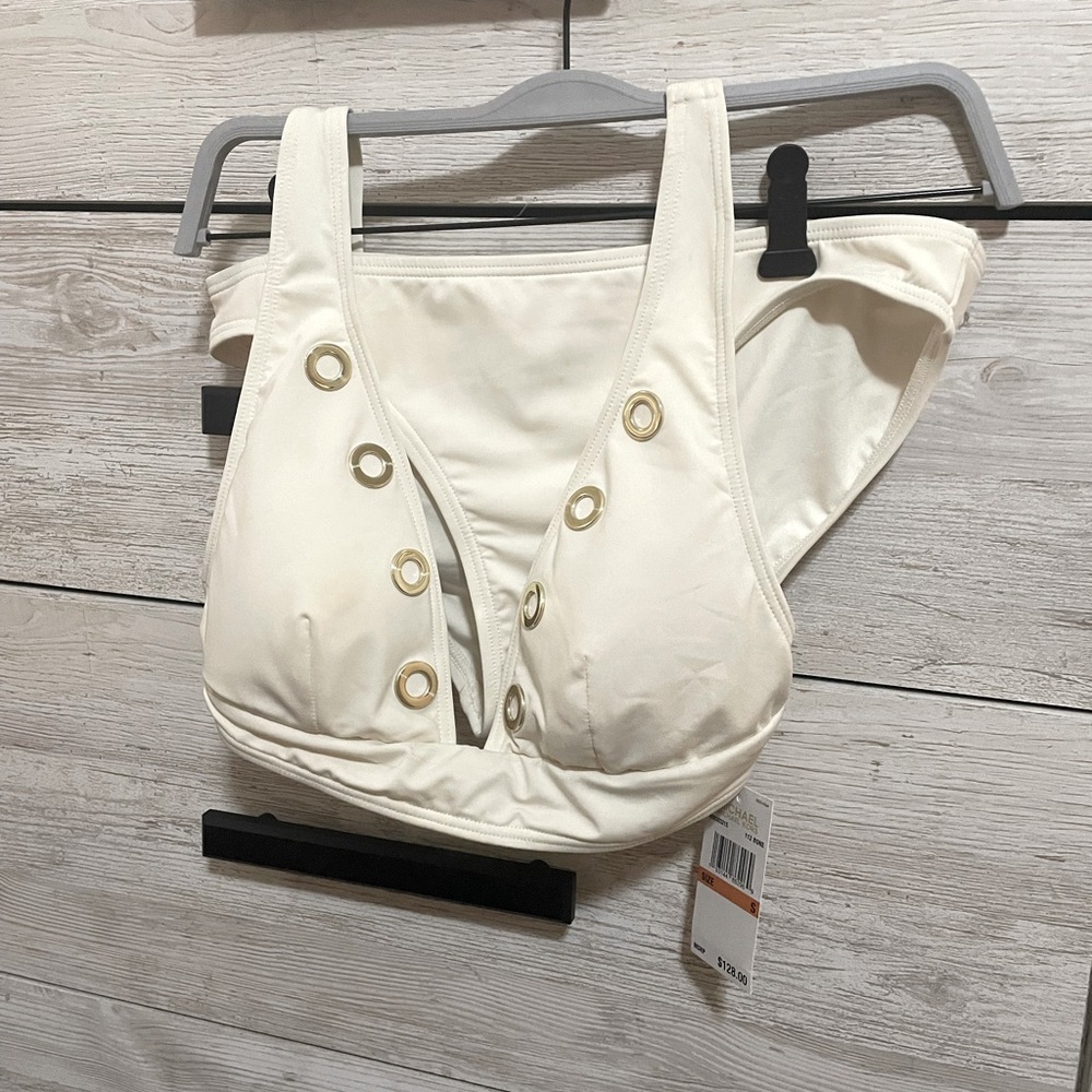 NWT, Small, bone colored, Michael Kors 2piece bikini swimsuit with gold accents